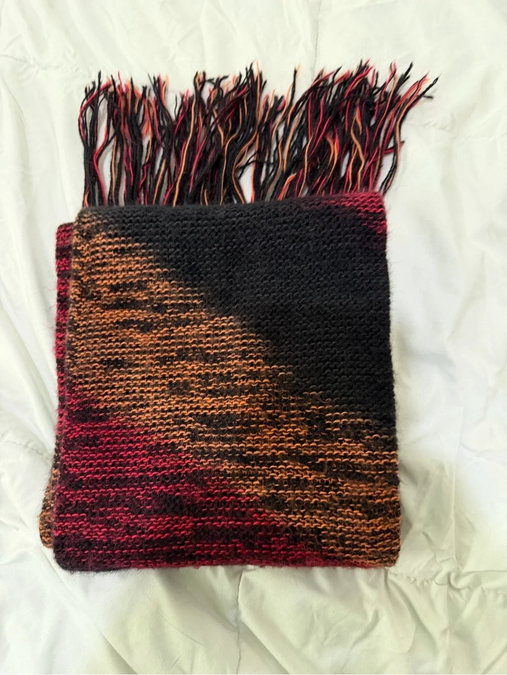 Striped Fringe Knit Scarf in Black, Red & Brown